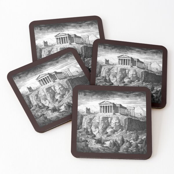 Item preview, Ancient Greek Temple on Cliff Black and White Classical Landscape Illustration designed and sold by inkoutninja.
