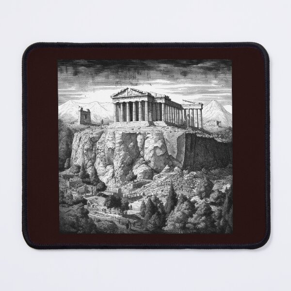 Item preview, Ancient Greek Temple on Cliff Black and White Classical Landscape Illustration designed and sold by inkoutninja.
