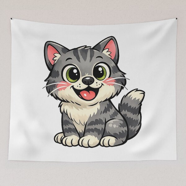 Item preview, Happy Cartoon Kitten - Cute Smiling Grey Tabby Cat Art designed and sold by myforestfog.