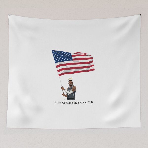 Item preview, LeBron James holding USA flag Basketball James crossing the seine designed and sold by JustuKitties.