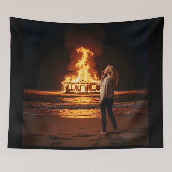 Item preview, Calm in Chaos Woman Watching Burning Beach House Night. designed and sold by Spark2Seduction.