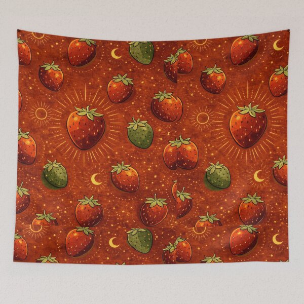 Item preview, Boho Strawberry Pattern with Sun and Moon | Celestial Fruit Aesthetic | Warm Terracotta Cottagecore Design designed and sold by MonaRose_Art.