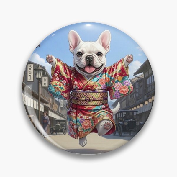 Item preview, Vintage Kimono White French Bulldog: Festive Stroll in Old Japan designed and sold by TORAKICHIYA.