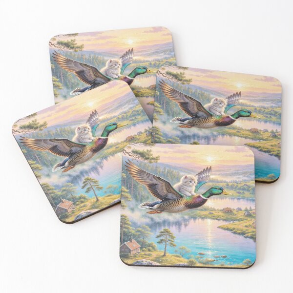 Item preview, Kitten Riding a Colorful Duck over Village designed and sold by M-Y-A-R-T-.