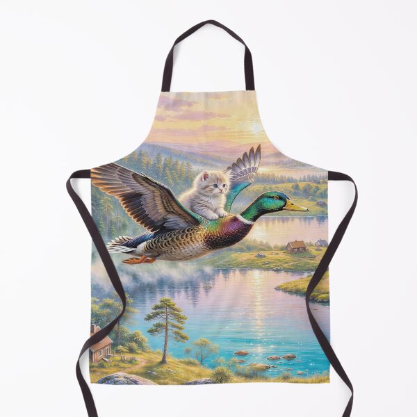 Item preview, Kitten Riding a Colorful Duck over Village designed and sold by M-Y-A-R-T-.