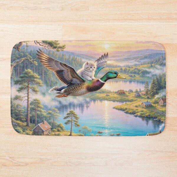 Item preview, Kitten Riding a Colorful Duck over Village designed and sold by M-Y-A-R-T-.
