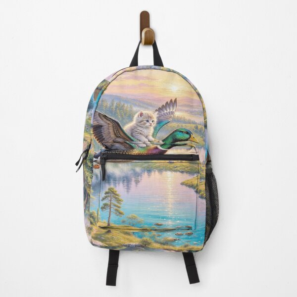 Item preview, Kitten Riding a Colorful Duck over Village designed and sold by M-Y-A-R-T-.