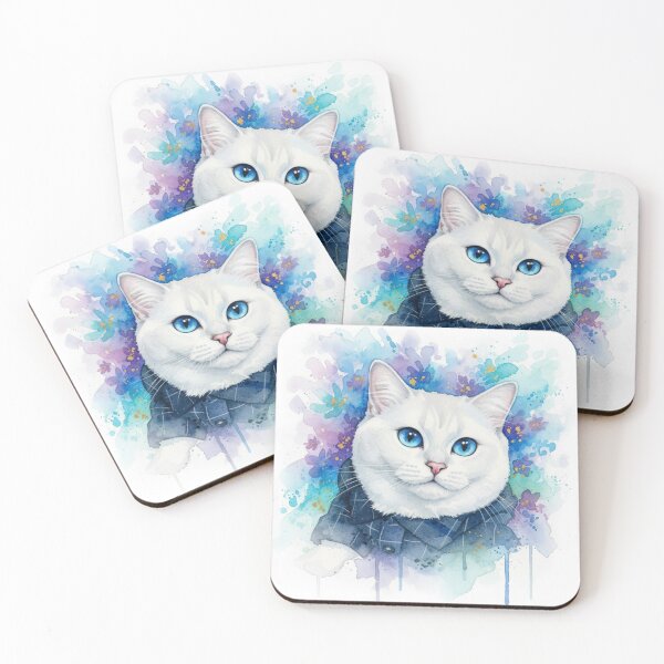 Item preview, White Cat with Blue Eyes - Digital Watercolor Floral Art designed and sold by Stick-Shop9.