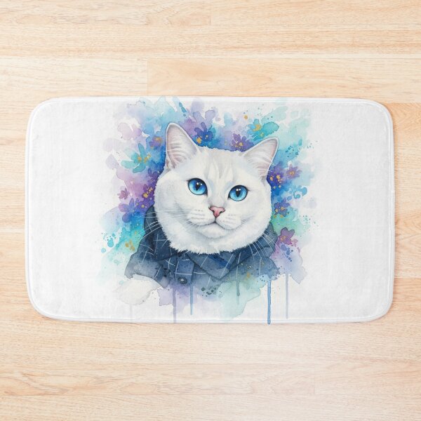 Item preview, White Cat with Blue Eyes - Digital Watercolor Floral Art designed and sold by Stick-Shop9.