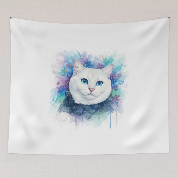 Item preview, White Cat with Blue Eyes - Digital Watercolor Floral Art designed and sold by Stick-Shop9.