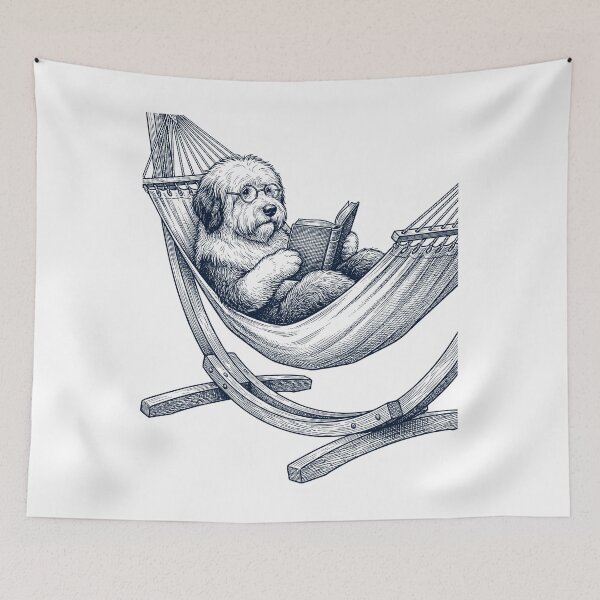 Item preview, Vintage Old English Sheepdog Reading Book Summer Hammock Dog Lover designed and sold by DoodleTortle.