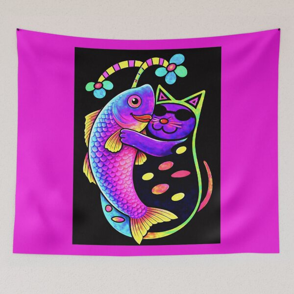 Item preview, Neon Cat Hugging Cosmic Fish designed and sold by ZunZunArt.