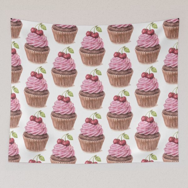 Aperçu de l'œuvre Cupcake aux cerises, crème rose, dessert mignon, art esthétique créée et vendue par AlisaArtDecor.