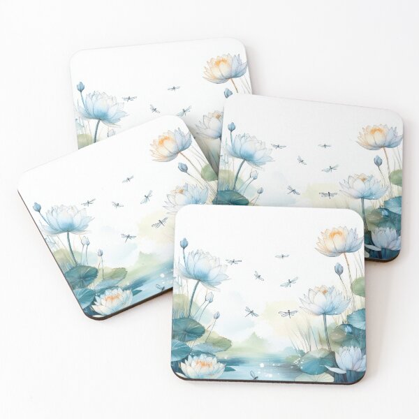 Item preview, Peaceful Lotus flower and dragonfly pond landscape watercolor painting flowers minimalist artwork painting pastel colours  designed and sold by navitalidesign.