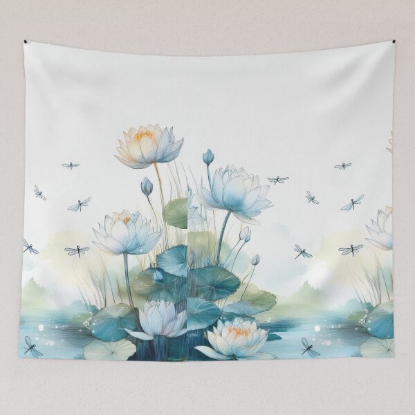 Item preview, Peaceful Lotus flower and dragonfly pond landscape watercolor painting flowers minimalist artwork painting pastel colours  designed and sold by navitalidesign.