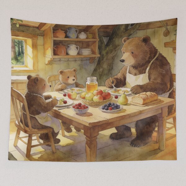 Item preview, Cozy Bear Family Dinner Scenes in Treehouse Kitchen, Whimsical Woodland Wall Art designed and sold by BlareBlare.