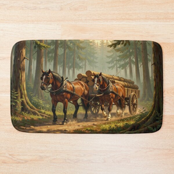 Item preview, Forest Horse Logging – Powerful working horses in the forest, rustic woodland scene designed and sold by FotoworldEdel.