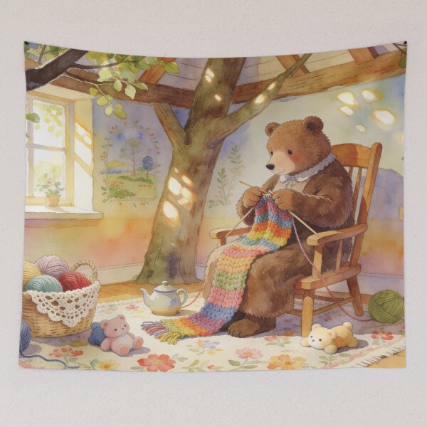 Item preview, Whimsical Forest Bear Mom Knitting, Classic Children’s Style Art Print designed and sold by BlareBlare.