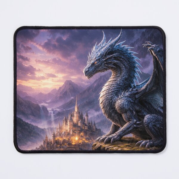 Item preview, Dragon Guardian Over Fantasy Kingdom Castle – Epic Fantasy Dragon Art designed and sold by DrakariArt.