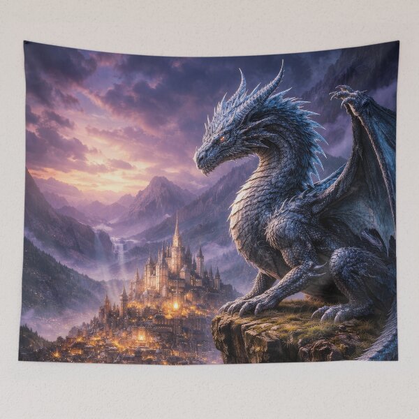 Item preview, Dragon Guardian Over Fantasy Kingdom Castle – Epic Fantasy Dragon Art designed and sold by DrakariArt.