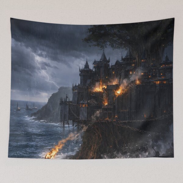 Item preview, Dark Fantasy Coastal Siege Storm Castle Art designed and sold by KnitOfShadoF.