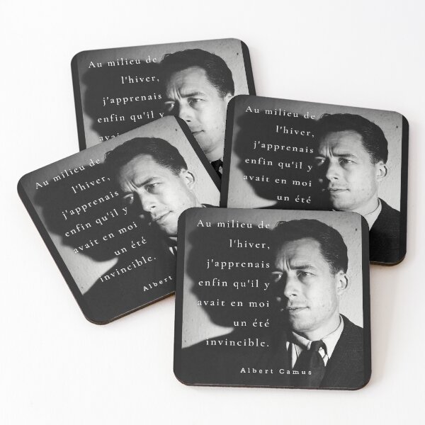 Item preview, Albert Camus black and white portrait and quote: Au milieu de l'hiver, j'apprenais enfin designed and sold by artbleed.