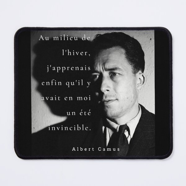 Item preview, Albert Camus black and white portrait and quote: Au milieu de l'hiver, j'apprenais enfin designed and sold by artbleed.
