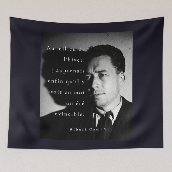 Item preview, Albert Camus black and white portrait and quote: Au milieu de l'hiver, j'apprenais enfin designed and sold by artbleed.