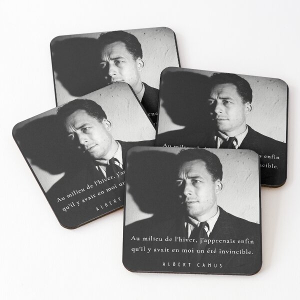 Item preview, Albert Camus black and white portrait and quote: Au milieu de l'hiver, j'apprenais enfin designed and sold by artbleed.