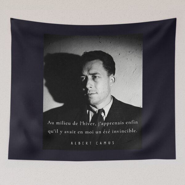 Item preview, Albert Camus black and white portrait and quote: Au milieu de l'hiver, j'apprenais enfin designed and sold by artbleed.