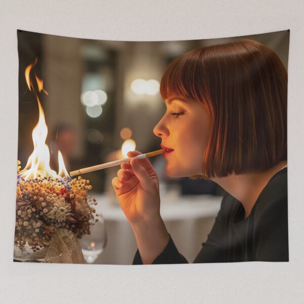 Item preview, Elegant Woman Lighting Cigarette from blazing table display. designed and sold by Spark2Seduction.
