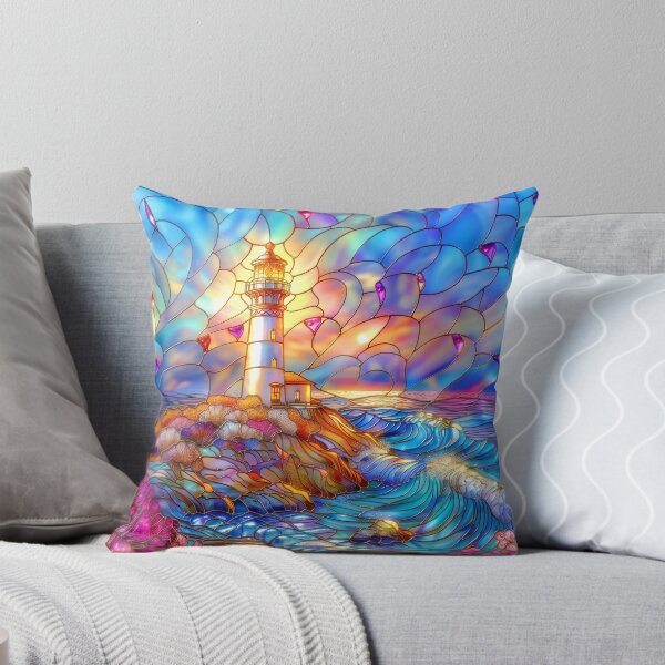 Item preview, Copy of  Stained Glass Lighthouse Sunset Art, Coastal Ocean Scene designed and sold by MargaretWiktor.