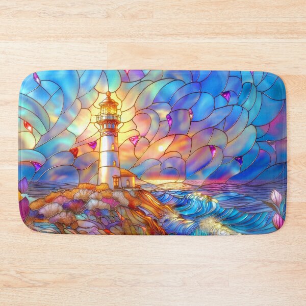 Item preview, Copy of  Stained Glass Lighthouse Sunset Art, Coastal Ocean Scene designed and sold by MargaretWiktor.