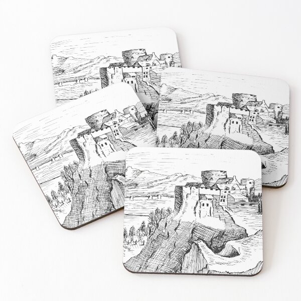 Item preview, Castle on a mountain by the lake - drawing in ink designed and sold by arpiart.