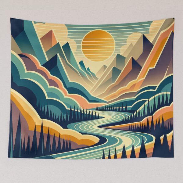 Item preview, Geometric Mountain Valley at Sunset designed and sold by InkSmithery.
