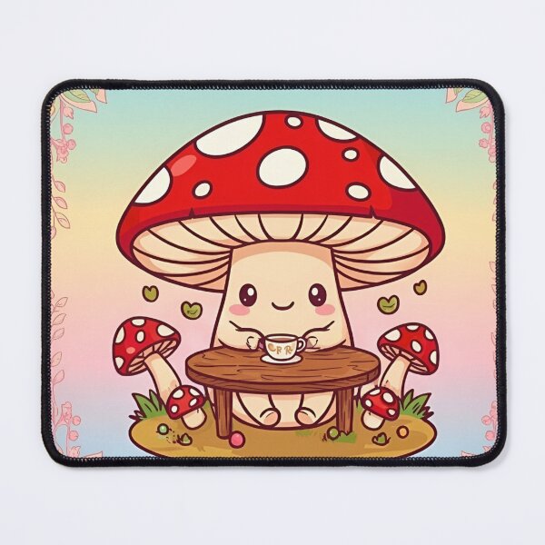 Item preview, Kawaii Mushroom Drinking Tea – Cute Cozy Cottagecore Illustration designed and sold by Good Vibes .