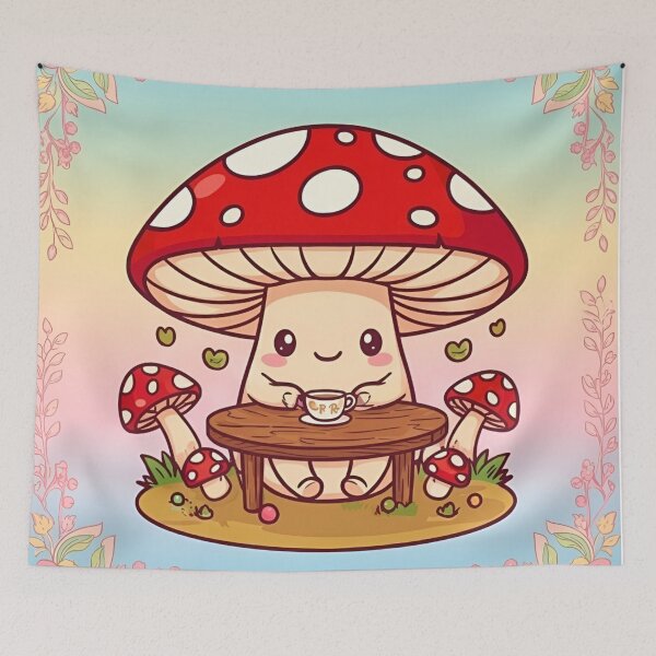 Item preview, Kawaii Mushroom Drinking Tea – Cute Cozy Cottagecore Illustration designed and sold by Good Vibes .