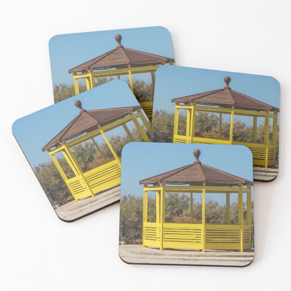 Item preview, Yellow Wooden Gazebo Pavilion On Seafront Promenade With Brown Roof And Blue Sky designed and sold by Nmallia.