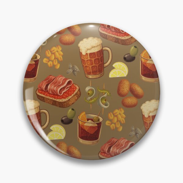 Item preview, Spanish Tapas Pattern with Gildas, Olives and Vermouth, Mediterranean Food Illustration - Olive tone version designed and sold by LaPolilladPapel.