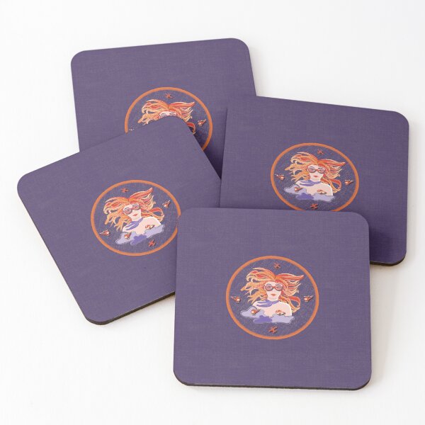 Item preview, Illustration of a female aviator among the clouds with airplanes and helicopters, on a purple denim background designed and sold by WONDERPRINTVALLEY.