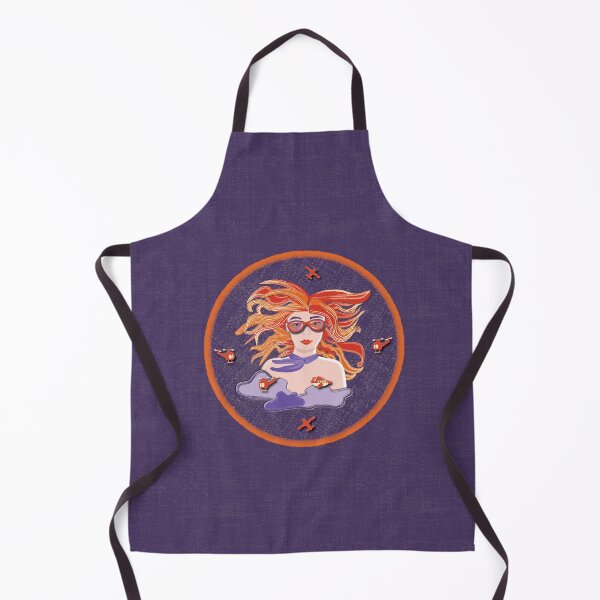 Item preview, Illustration of a female aviator among the clouds with airplanes and helicopters, on a purple denim background designed and sold by WONDERPRINTVALLEY.