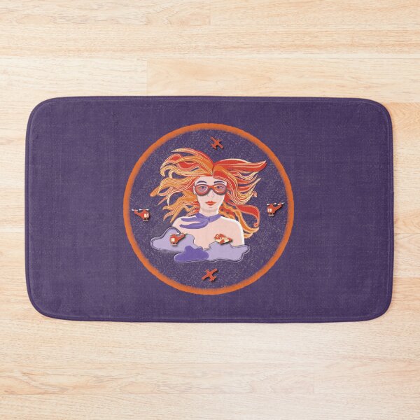 Item preview, Illustration of a female aviator among the clouds with airplanes and helicopters, on a purple denim background designed and sold by WONDERPRINTVALLEY.