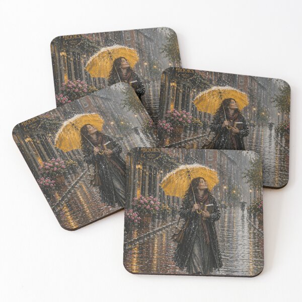 Item preview, Rainy Bookstore Walk / Yellow Umbrella in the Rain / Cozy Rainy Day Stroll designed and sold by Forest Hollow Art.