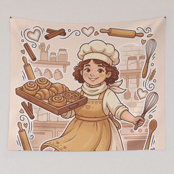 Item preview, Cute Pastry Chef Baking Fresh Cinnamon Rolls and Croissants Illustration designed and sold by AmazingEG.