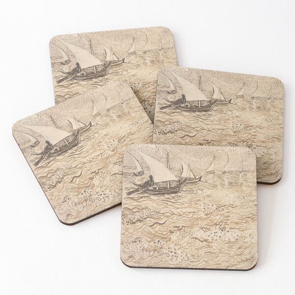 Item preview, Boats at Saintes Maries by Vincent van Gogh: Sepia Coastal Line Art Poster designed and sold by artofuniverse.