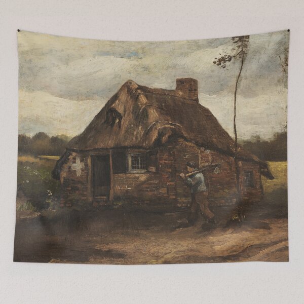 Item preview, Cabaña Con Campesino Regresando a Casa by Vincent van Gogh: Rustic Cottage Art Print designed and sold by artofuniverse.