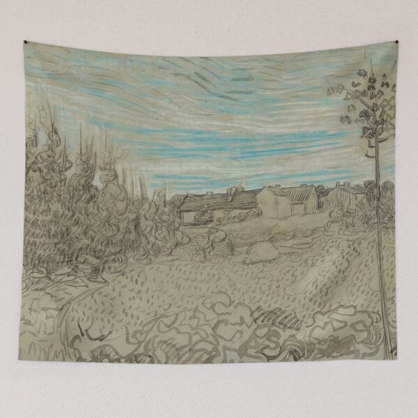 Item preview, Cottages With a Woman Working in the Middle Ground by Vincent van Gogh: Rural Landscape Poster designed and sold by artofuniverse.