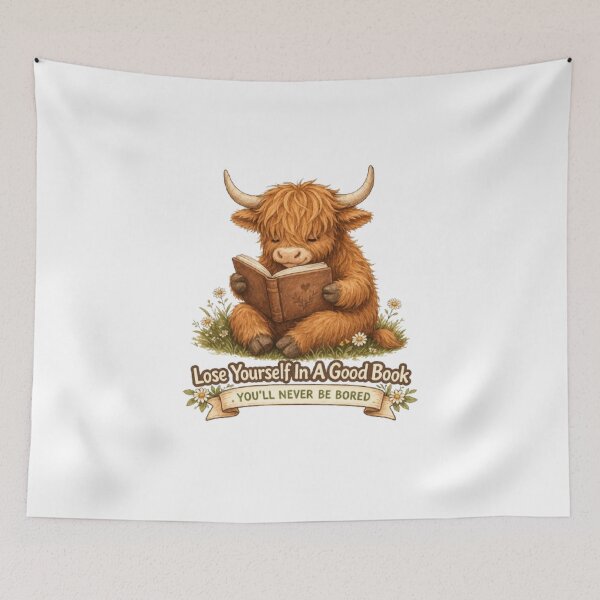 Item preview, Cute Highland Cow Reading Design – “Lose Yourself In A Good Book” Cozy Book Lover Aesthetic, Cottagecore Animal Art designed and sold by SilenceInNature.