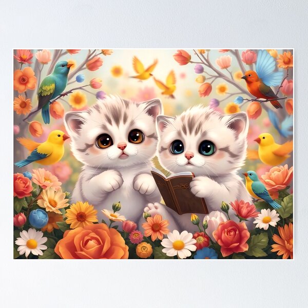 Item preview, Storytime in the Secret Garden: Cute Kittens Reading with Birds designed and sold by Serene Strokes Art.