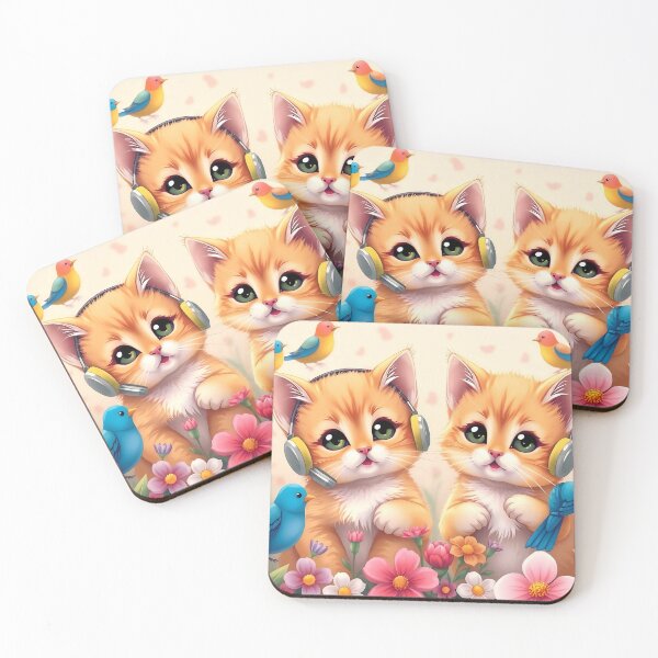 Item preview, Musical Spring Garden: Cute Kittens with Headphones and Singing Birds designed and sold by Serene Strokes Art.
